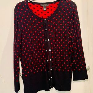 WHBM Rayon cardigan with snap buttons in black with red polka dots